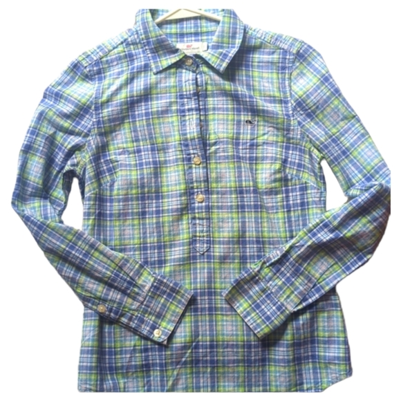 Vineyard Vines Blue Green Cotton Plaid Button Up Shirt Size 0 Fall Shirt - Picture 1 of 7